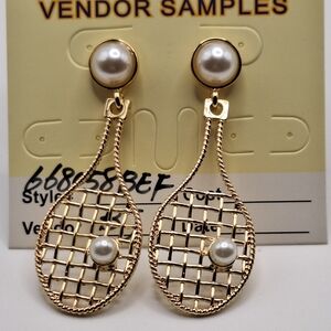 Gold Pearl Drop Lattice Dangle Earrings NWT